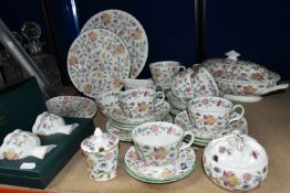 A GROUP OF MINTON 'HADDON HALL' PATTERN TEAWARE, comprising an oval trinket dish (marked as second