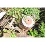 A VINTAGE LARGE OAK BARRELLED BUTTER CHURN on pine stand and a coopered oak barrel (distressed)