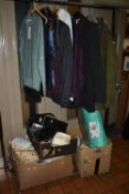 THREE BOXES AND LOOSE CLOTHING, ACCESSORIES AND HOMEWARES, to include a pale air force blue ladies