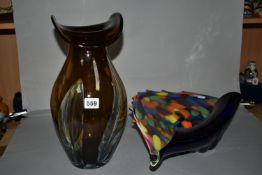 TWO PIECES OF ART GLASS, comprising a large brown art glass vase decorated with green, white and red