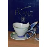 A BOXED FRANZ PORCELAIN TEACUP AND SAUCER, in the Blue Butterfly pattern FZ00056 (2 + box) (