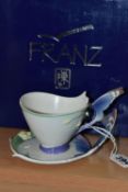 A BOXED FRANZ PORCELAIN TEACUP AND SAUCER, in the Blue Butterfly pattern FZ00056 (2 + box) (