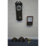 A SELECTION OF CLOCKS, to include a modern Acctim wall clock, a Rhythm wall clock, two oak mantle