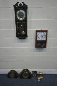 A SELECTION OF CLOCKS, to include a modern Acctim wall clock, a Rhythm wall clock, two oak mantle