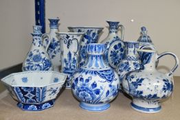 A GROUP OF DELFT VASES, JUGS AND BOWL, ten pieces to include an octagonal footed bowl, a jug with