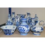 A GROUP OF DELFT VASES, JUGS AND BOWL, ten pieces to include an octagonal footed bowl, a jug with