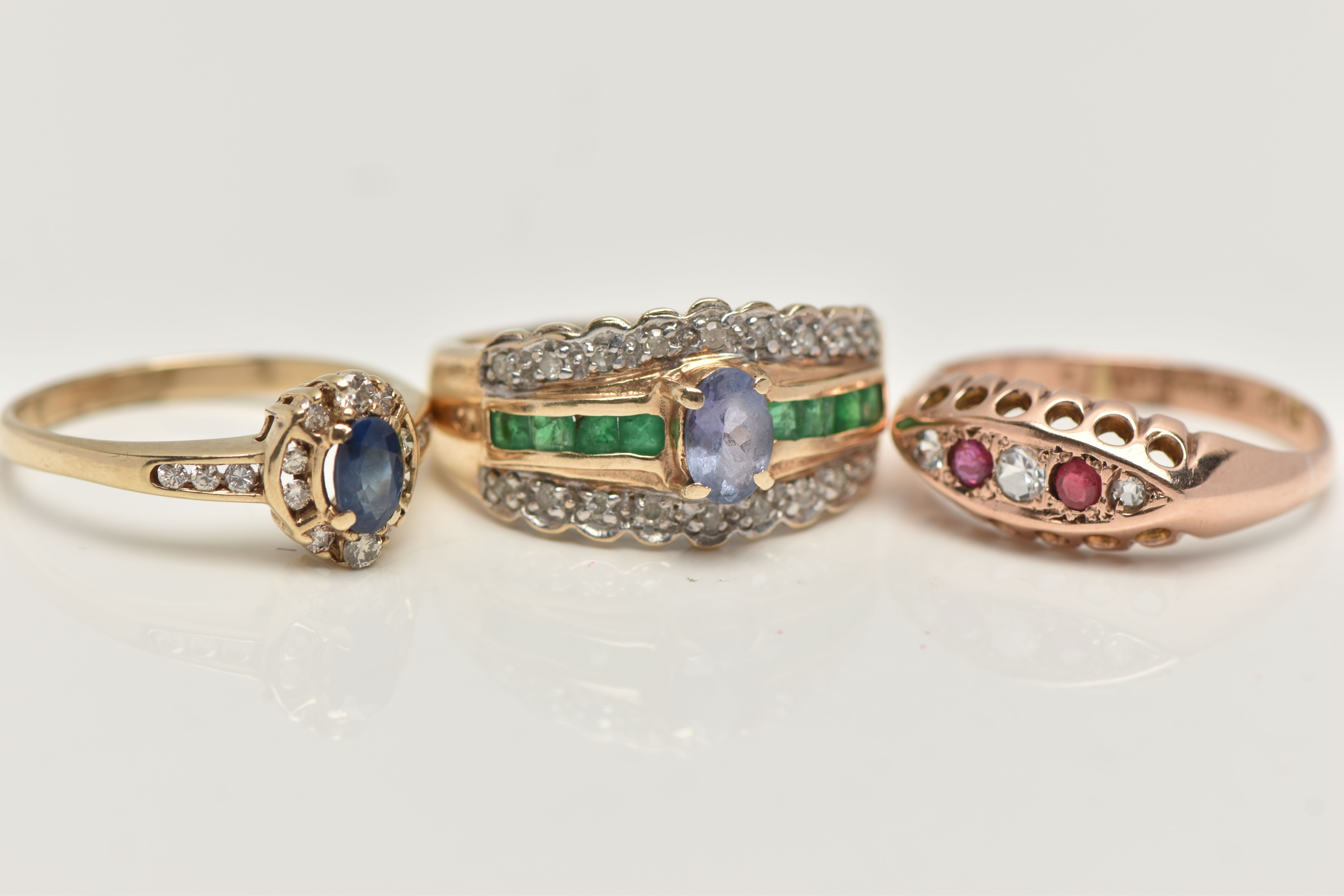 THREE GEM SET RINGS, to include a blue sapphire and diamond cluster ring, hallmarked 9ct - Image 2 of 4