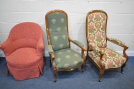 TWO 19TH CENTURY WALNUT HIGH BACK ARMCHAIRS, and a bedroom chair (condition:-one with a loose