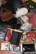 FOUR BOXES AND LOOSE HANDBAGS, HATS, BELTS AND OTHER ACCESSORIES, to include a boxed vintage Hudsons