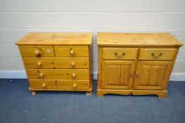 A MODERN PINE CHEST OF FIVE DRAWERS, width 90cm x depth 40cm x height 80cm, and a pine sideboard (