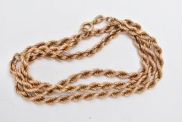 A 9CT GOLD ITALIAN CHAIN NECKLACE, yellow gold rope chain, approximate length 475mm, fitted with a