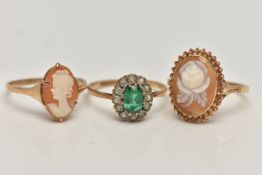 THREE 9CT GOLD GEM SET RINGS, to include a cameo ring displaying a rose, collet set with a fine rope