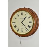 A CIRCULAR WOODEN CASED WALL CLOCK, painted metal dial with black Roman numerals and glass door,
