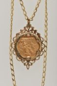 A FULL SOVEREIGN PENDANT AND CHAIN, late Victorian full sovereign, dated 1885, in an open work