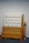A MODERN PINE 4FT6 BED STEAD, with side rails and slats, along with a dreams 4ft6 ortho mattress (
