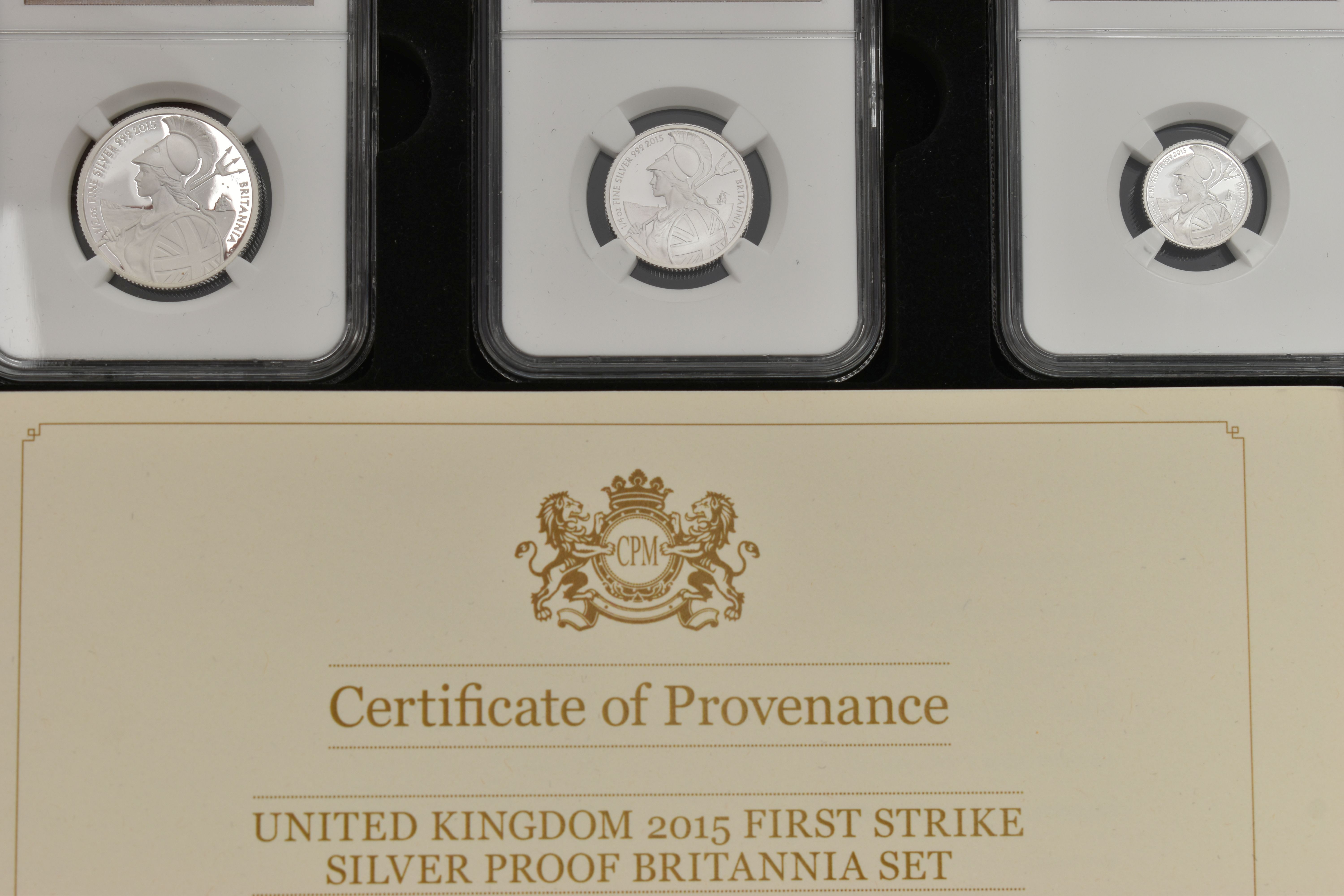 A UNITED KINGDOM 2015 FIRST STRIKE SILVER PROOF BRITANNIA SET, to include all coins slabbed and - Image 2 of 4