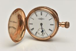 AN EARLY 20TH CENTURY YELLOW METAL FULL HUNTER POCKET WATCH, hand wound movement, round dial