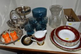 A GROUP OF CERAMICS, GLASS AND METALWARES, to include a plated basket, comport and footed tray, a