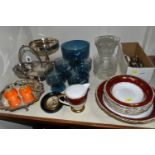 A GROUP OF CERAMICS, GLASS AND METALWARES, to include a plated basket, comport and footed tray, a