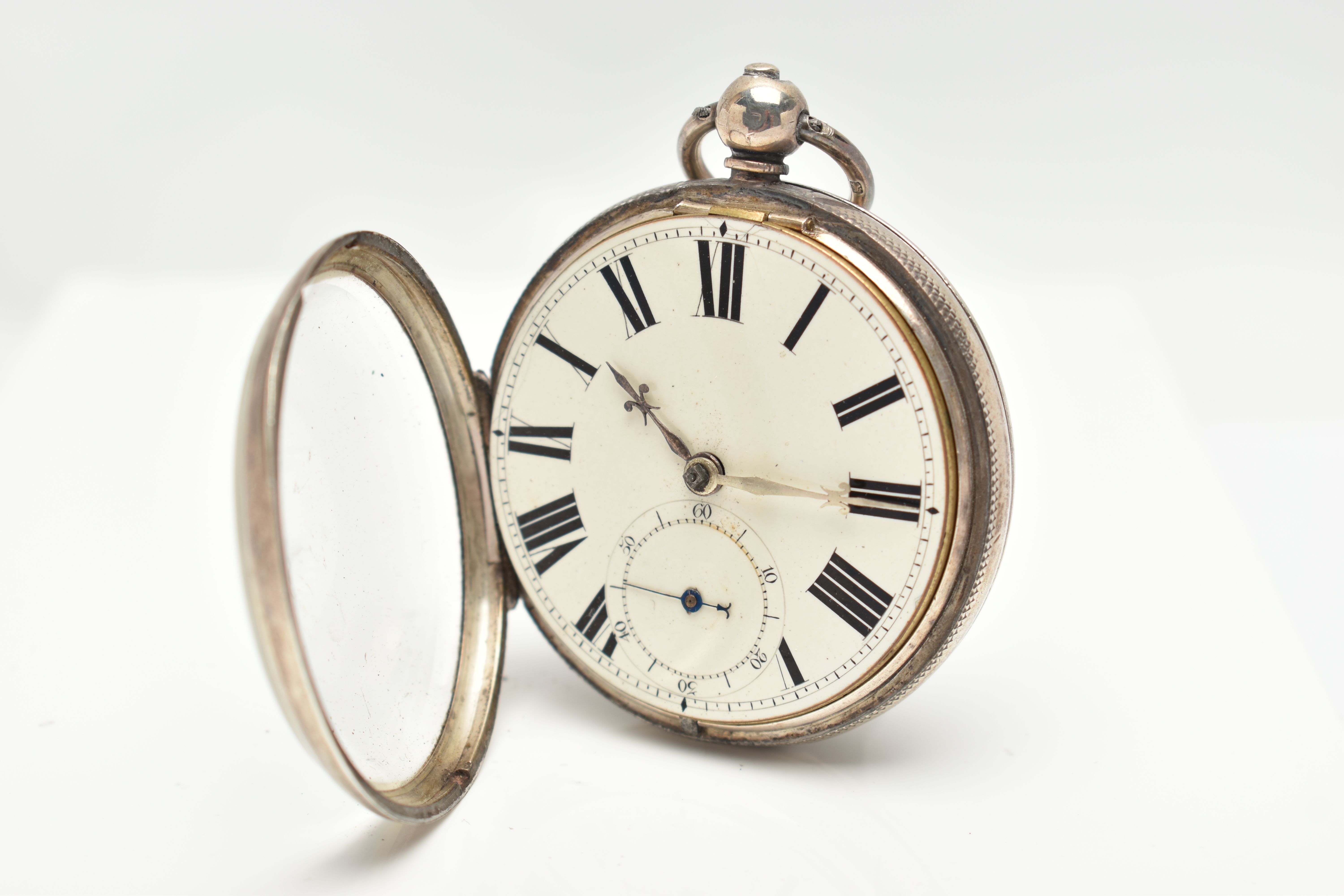 A SILVER OPEN FACE POCKET WATCH, key wound, round white dial, Roman numerals, subsidiary seconds - Image 3 of 6