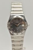 A GENTS 'OMEGA CONSTELLATION' WRISTWATCH, automatic movement, round grey dial signed 'Omega