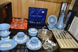 EIGHT PIECES OF WEDGWOOD PALE BLUE JASPERWARE GIFTWARE, SILVER AND PLATE, ETC, comprising a pair