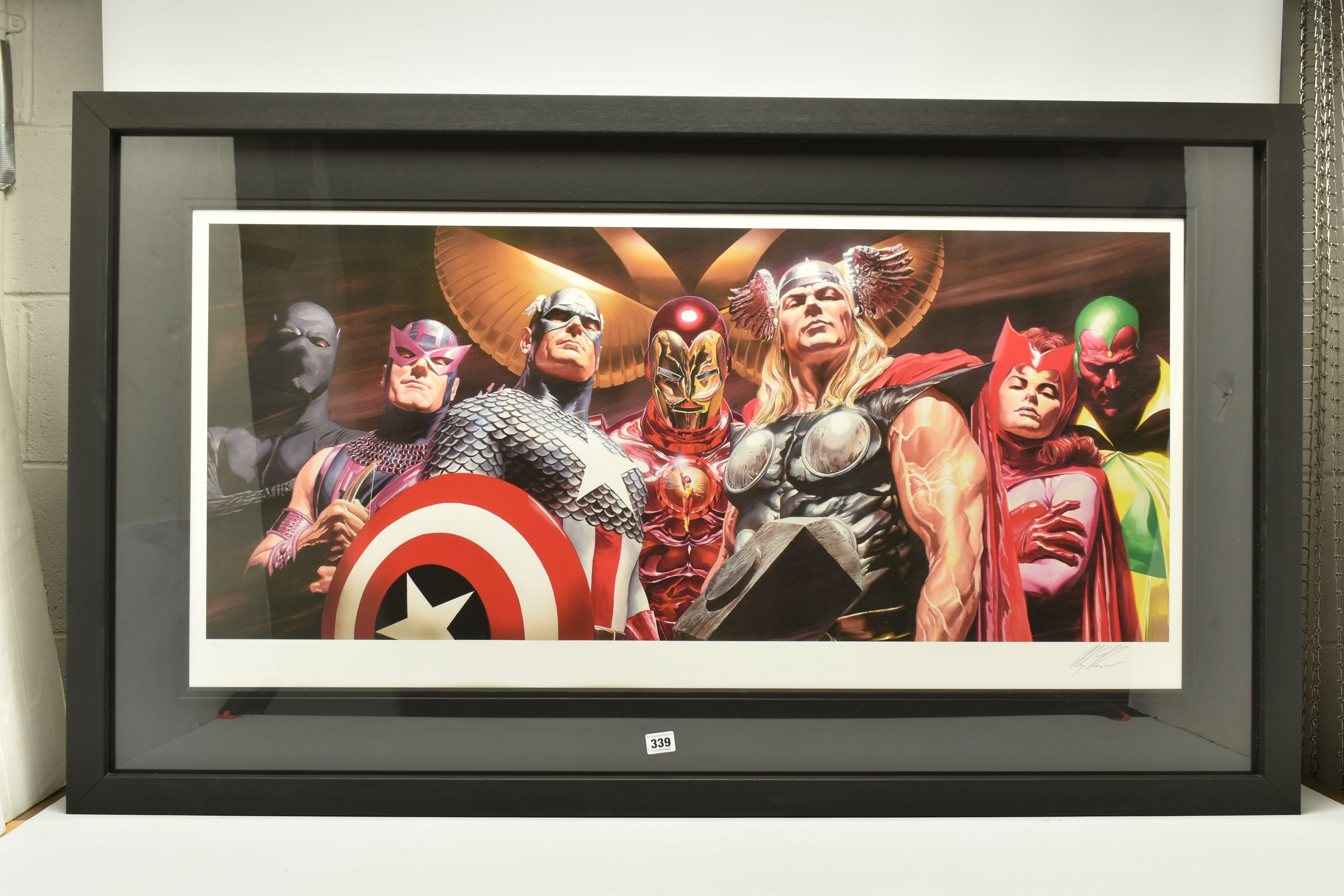 ALEX ROSS FOR MARVEL COMICS 'ASSEMBLE', a signed limited print on paper, depicting Avengers Super