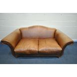 A BROWN LEATHER TWO SEATER SETTEE, with scrolled armrests, length 199cm x depth 97cm x heigh 90cm (