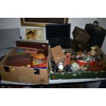 TWO BOXES AND LOOSE GAMES, METALWARES AND MISCELLANEOUS ITEMS, to include three pieces of Keswick