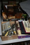 THREE BOXES OF TREEN AND ASSORTED CUTLERY, to include a vintage ceramic hedgehog money box, a hinged