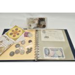 A BOX WITH A SMALL AMOUNT OF COINAGE AND BANKNOTE ALBUM, to include a Beale white Five Pounds May