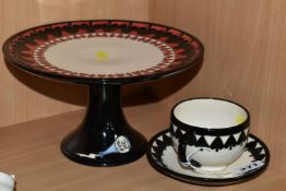 MOORCROFT 'ALICE IN WONDERLAND' COMPORT, CUP AND SAUCER, painted and impressed marks to base (3) (