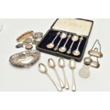 A BOX OF ASSORTED SILVER ITEMS, to include a pierced bonbon dish, hallmarked Birmingham, four silver