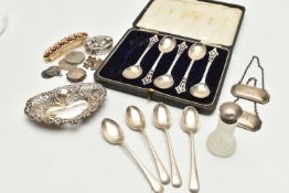 A BOX OF ASSORTED SILVER ITEMS, to include a pierced bonbon dish, hallmarked Birmingham, four silver