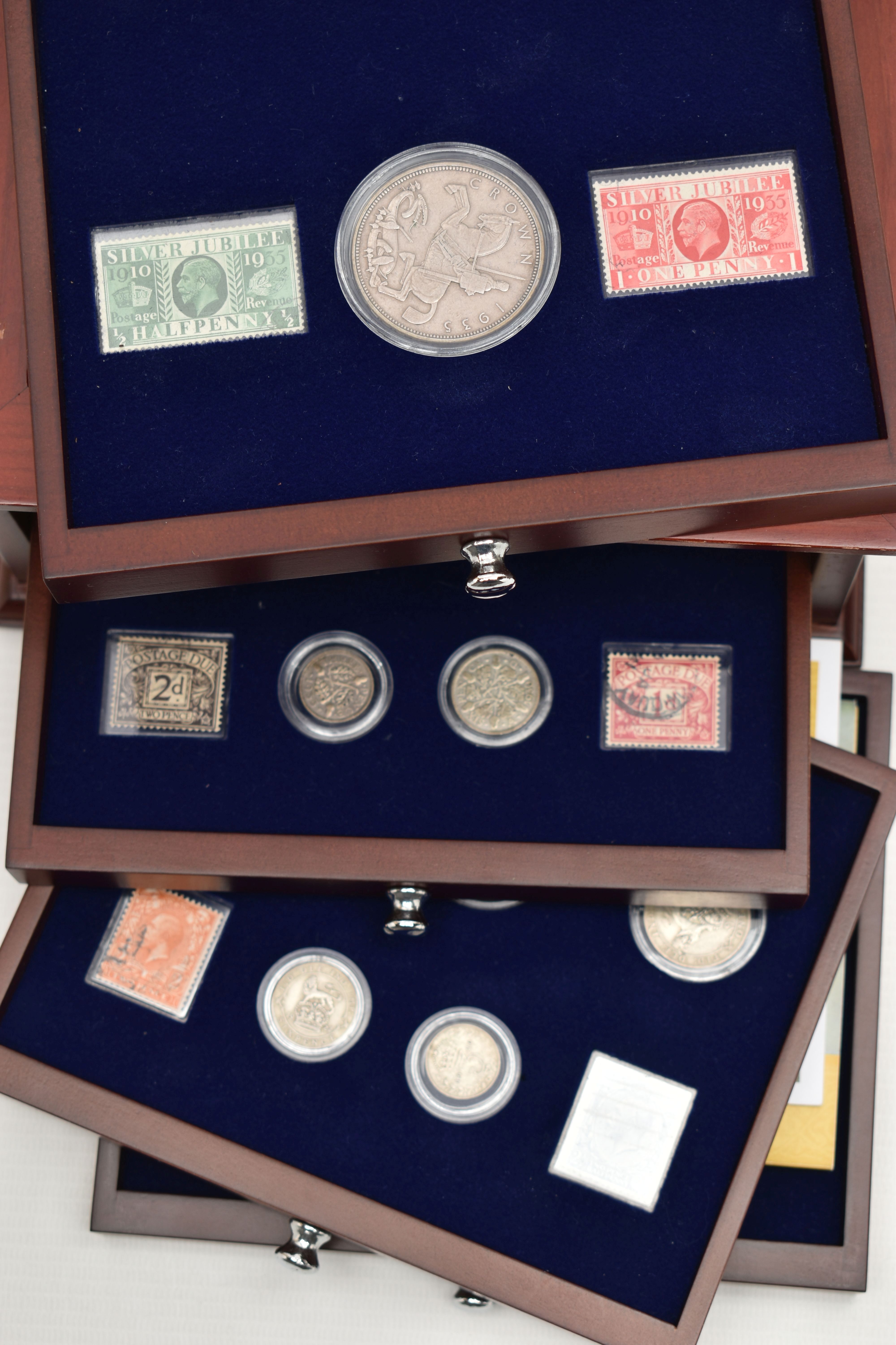 A GLAZED DISPLAY BOX THREE DECADES of GEORGE V STAMP AND COIN SET, to include four trays of silver - Image 15 of 18