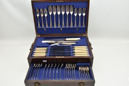 A WOODEN CANTEEN AND OTHER CUTLERY, hinged wooden canteen with drawer, complete with EP cutlery, a