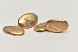 A PAIR OF 9CT GOLD CUFFLINKS, oval chain link cufflinks with an engine turned pattern and engraved