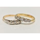 TWO DIAMOND RINGS, the first an 18ct gold five stone diamond ring, set with three round brilliant