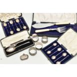 A BOX OF ASSORTED SILVER ITEMS, to include a cased set of seven golfing teaspoons, each hallmarked