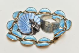 THREE ITEMS OF JEWELLERY, to include a light blue enamel Norwegian David Andersen leaf bracelet,