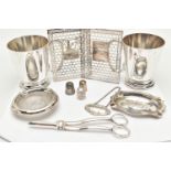 A SMALL PARCEL OF 20TH CENTURY SILVER AND PLATE, the silver comprising a silver strainer in the form
