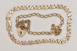 TWO 9CT GOLD BRACELETS, the first an oval link bracelet fitted with a heart padlock clasp,