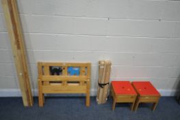 AN IKEA KRITTER CHILDS BED, with side rails and slats, along with a pair of small storage tubs (