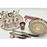 A BOX OF ASSORTED ITEMS, to include a large white metal tray, a horn cup, a four piece tea set