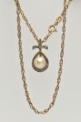 A CULTURED PEARL AND DIAMOND PENDANT NECKLACE, the pendant set with a single cultured cream pearl