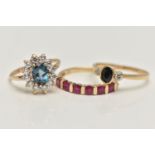 THREE 9CT GOLD GEM SET RINGS, to include a topaz and cubic zirconia cluster ring, hallmarked 9ct