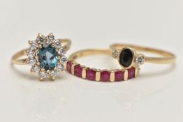 THREE 9CT GOLD GEM SET RINGS, to include a topaz and cubic zirconia cluster ring, hallmarked 9ct
