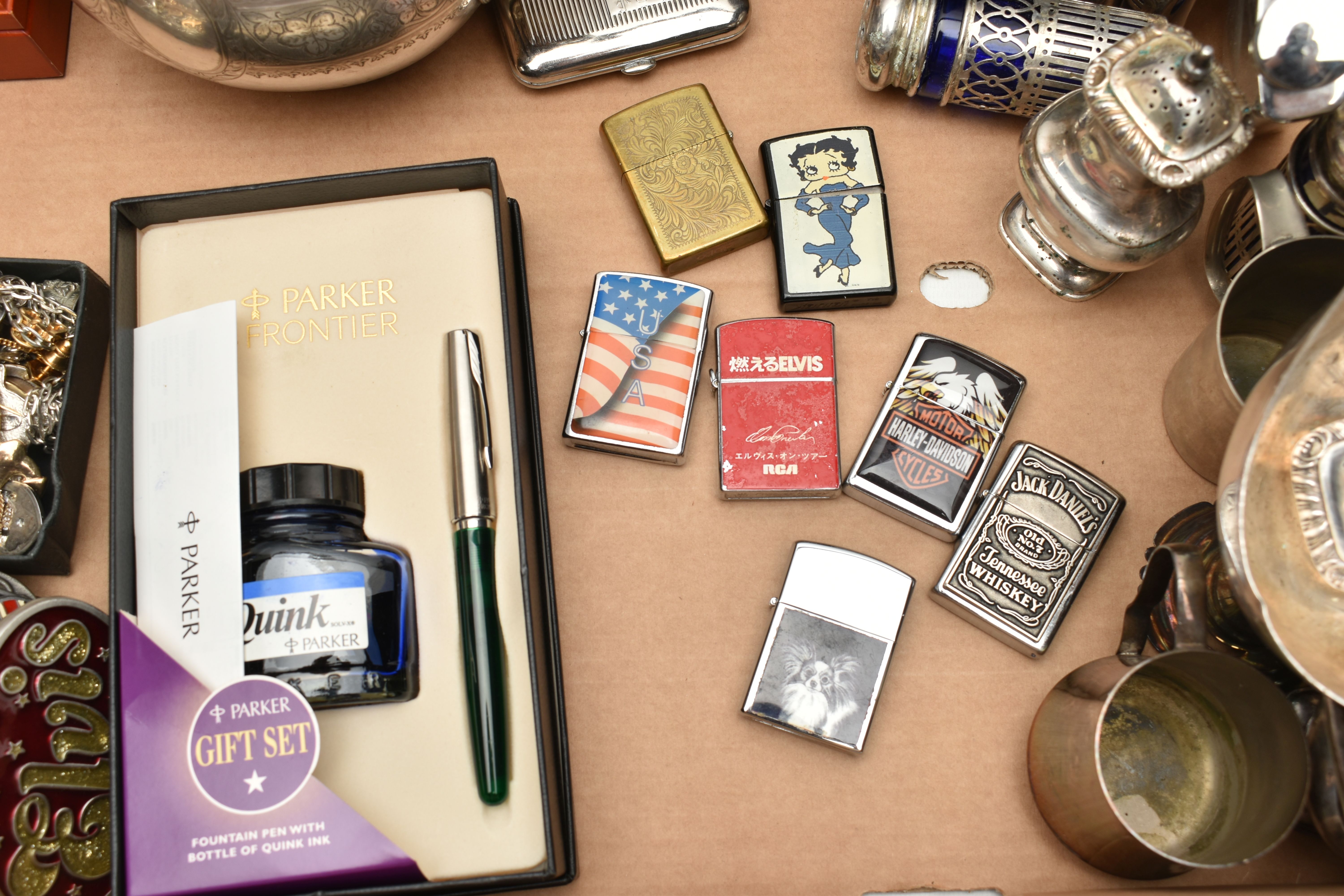 A BOX OF ASSORTED ITEMS, to include a 'Zippo' brass lighter, six additional lighters, a 'Parker' - Image 4 of 5