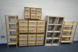 A SELECTION OF MODERN SHELVING UNITS, comprising a pair of nine drawer cabinets width 118cm x