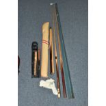 A GROUP OF SNOOKER CUES, comprising a BCE 'Jimmy White' three piece custom cue in case, a two
